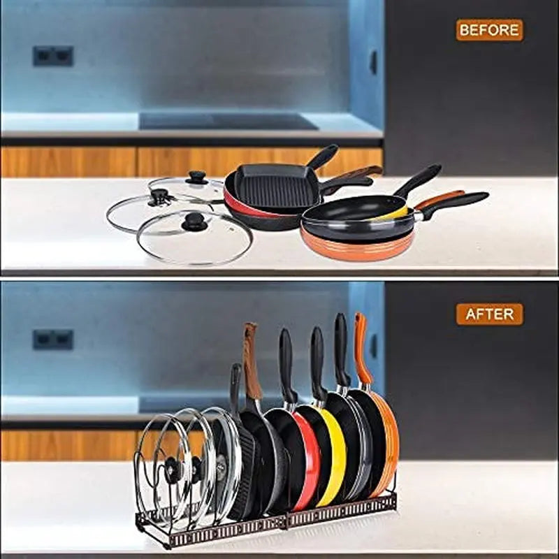 Expandable Pans Organizer Rack, 10 Adjustable Compartments, Cookware Holder for Pantry or Cabinet, Black