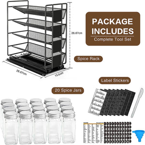 Pull Out Spice Rack Organizer with 20 Jars,Kitchen Organizers Storage for Cabinet, Slide Out Seasoning Kitchen Organizer, 13.5Cm Wide Spice Jars Shelf, 801 Labels and Chalk Marker(Right Facing)