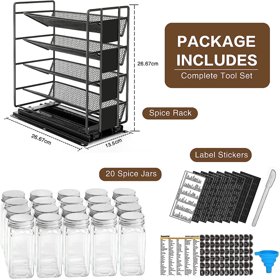Pull Out Spice Rack Organizer with 20 Jars,Kitchen Organizers Storage for Cabinet, Slide Out Seasoning Kitchen Organizer, 13.5Cm Wide Spice Jars Shelf, 801 Labels and Chalk Marker(Right Facing)