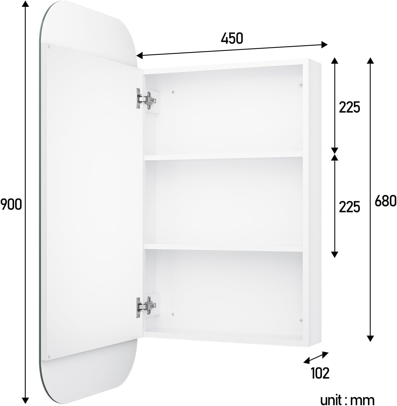 Bathroom Mirror Cabinet Medicine Vanity Wall Mirrored Cupboard with Storage,450Mmx900Mm