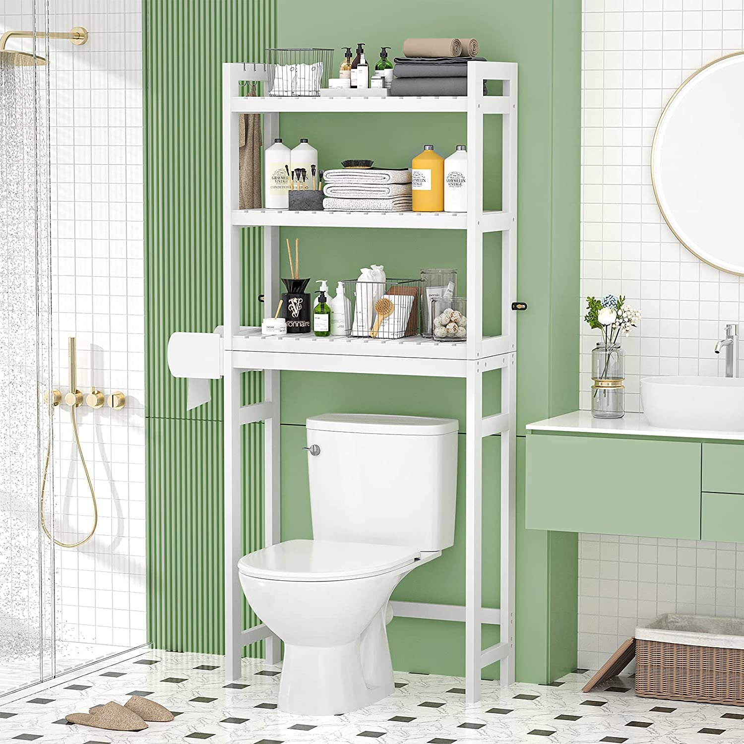 over the Toilet Storage, 3-Tier Bamboo above Toilet Shelf with Toilet Paper Holder, Bathroom Free Standing Space-Saving Rack Organizer with 3 Hooks for Restroom, Laundry, White