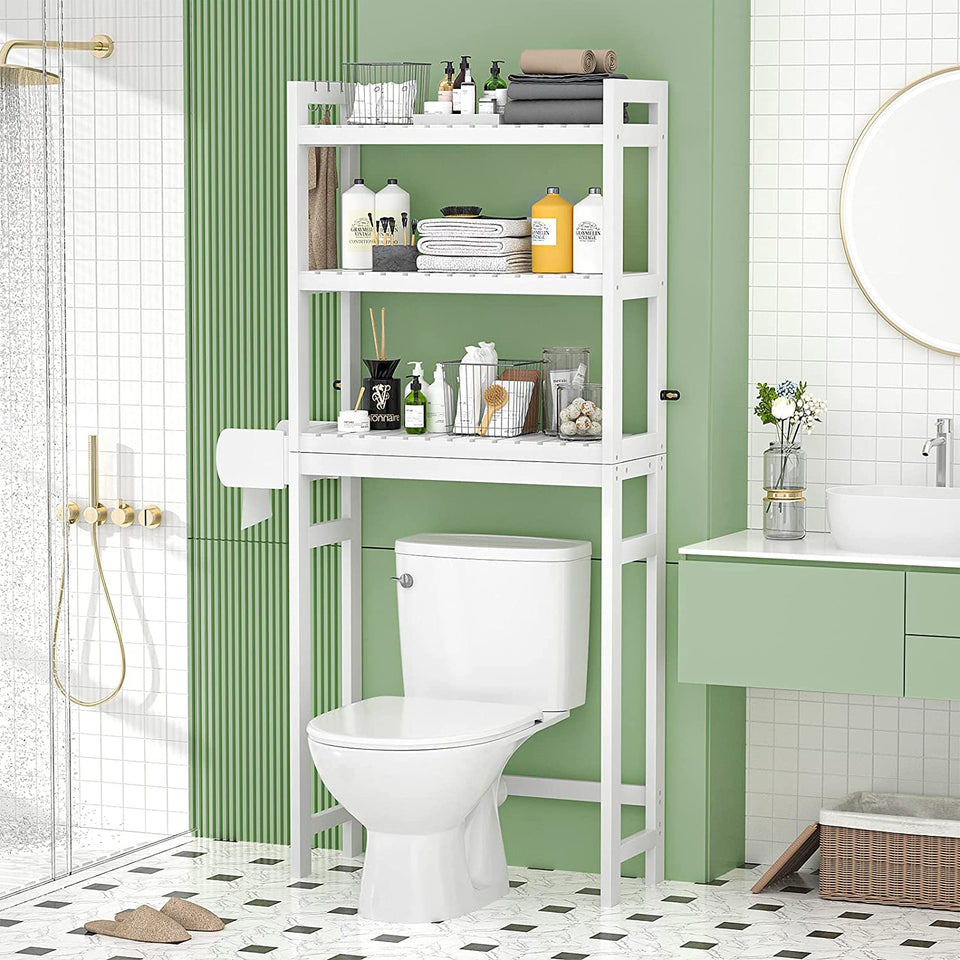 over the Toilet Storage, 3-Tier Bamboo above Toilet Shelf with Toilet Paper Holder, Bathroom Free Standing Space-Saving Rack Organizer with 3 Hooks for Restroom, Laundry, White