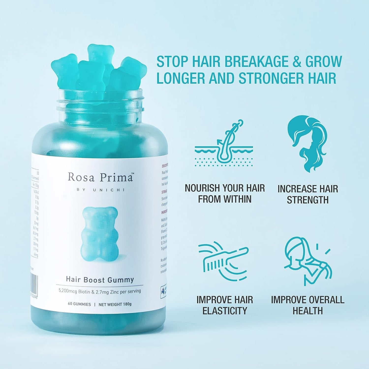 Hair Boost Gummy, 5200Mcg Biotin Formulated with Zinc, Pantothenic Acid and Vitamin A, C, E for Stronger and Thicker Hair, Sea Salt & Green Grape Flavour, 60 Count