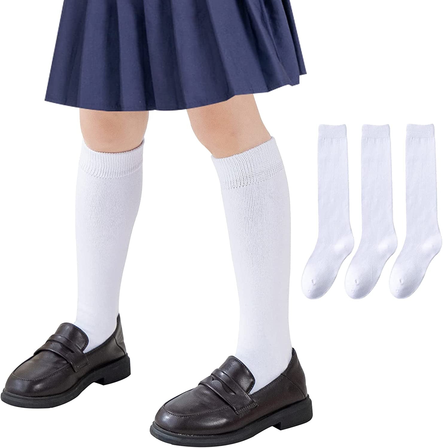 Girls Knee High Socks/Cable Knit/Ribbed School Uniform Socks 3/6 Pack Seamless Tube Socks Unisex Kids Soccer Socks 3-14 Years