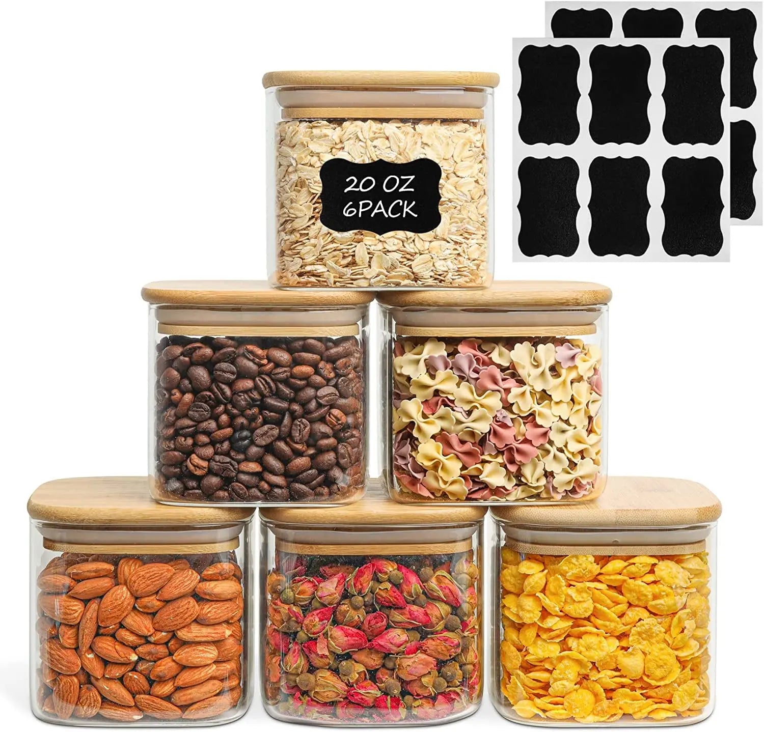 20 Oz Glass Food Storage Jars Set of 6, Clear Storage Containers with Airtight Bamboo Lid, Pantry Organization Jar, Spice, Blooming Tea, Coffee and Sugar Container, Canister Set for Kitchen