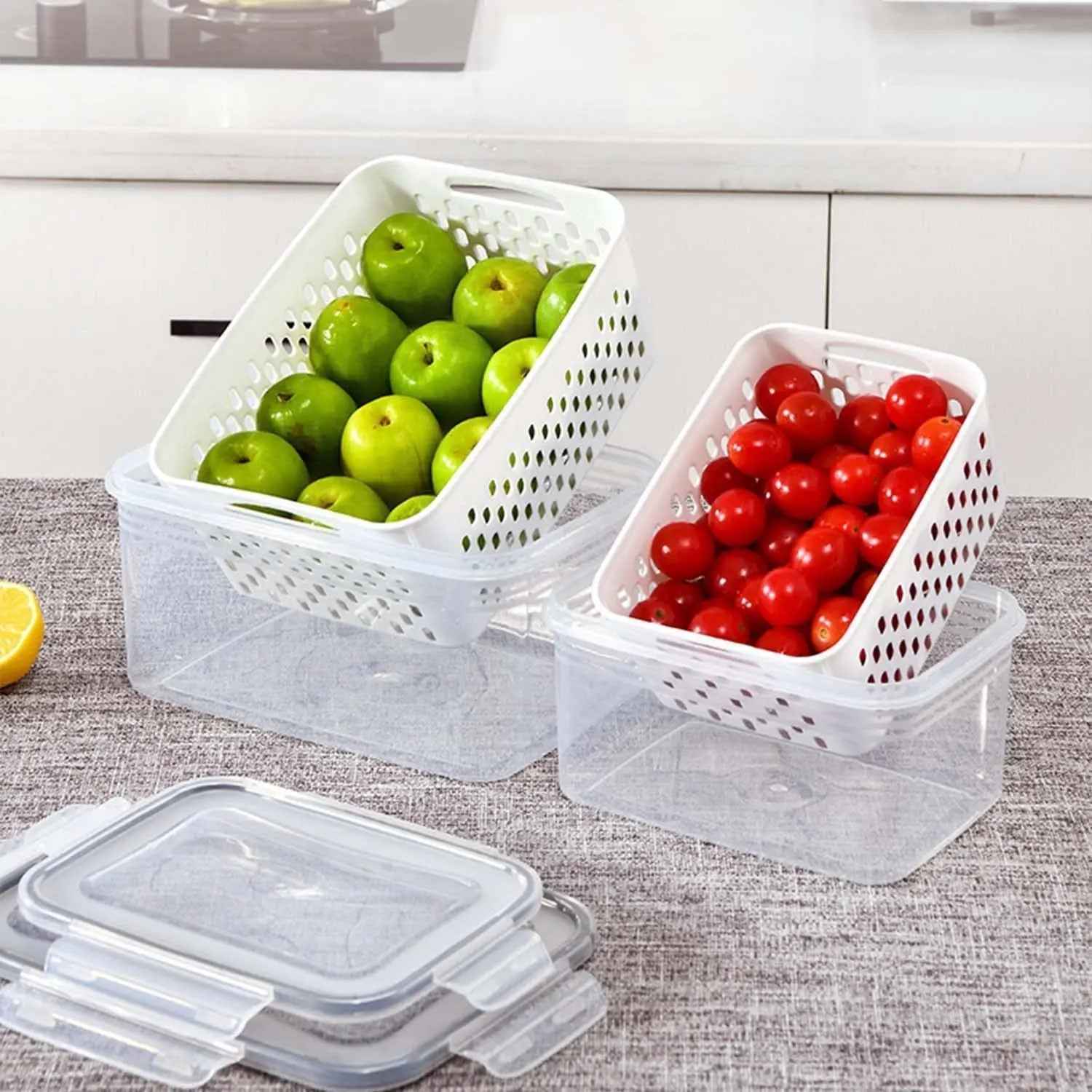 Food Storage Containers with Lids Set of 4,Fridge Organiser Bins,Fridge Storage with Colander,Reusable Food Containers for Fruit & Vegetable Storage,Kitchen Storage & Organisation