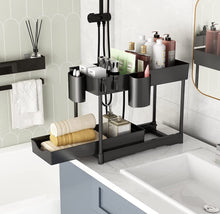 Load image into Gallery viewer, under Sink Organiser and Storage, 2 Tier Pull Out Sliding Cabinet Basket Organizer Rack with Hooks, Hanging Cup, Multi-Purpose Spice Rack Storage Shelf for Bathroom Kitchen Countertop
