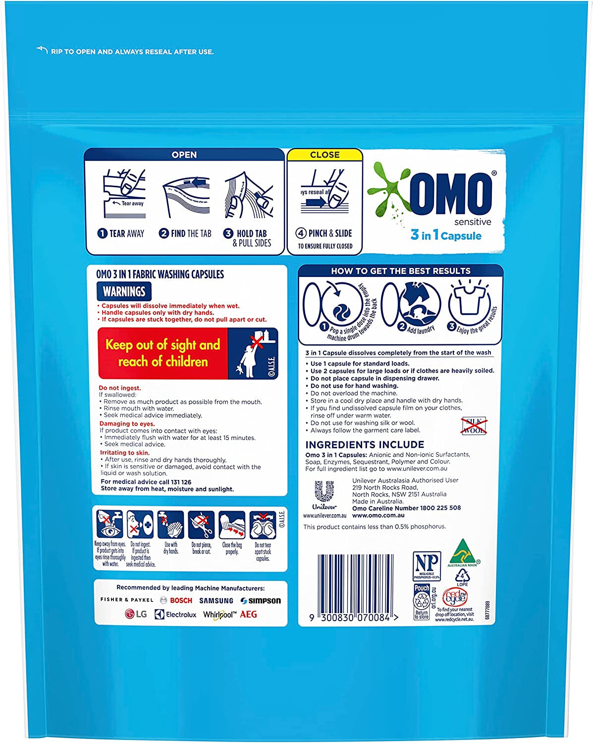 Sensitive 3 in 1 Laundry Detergent Liquid Capsules 60 Washes, 1.26Kg, Fragrance Free