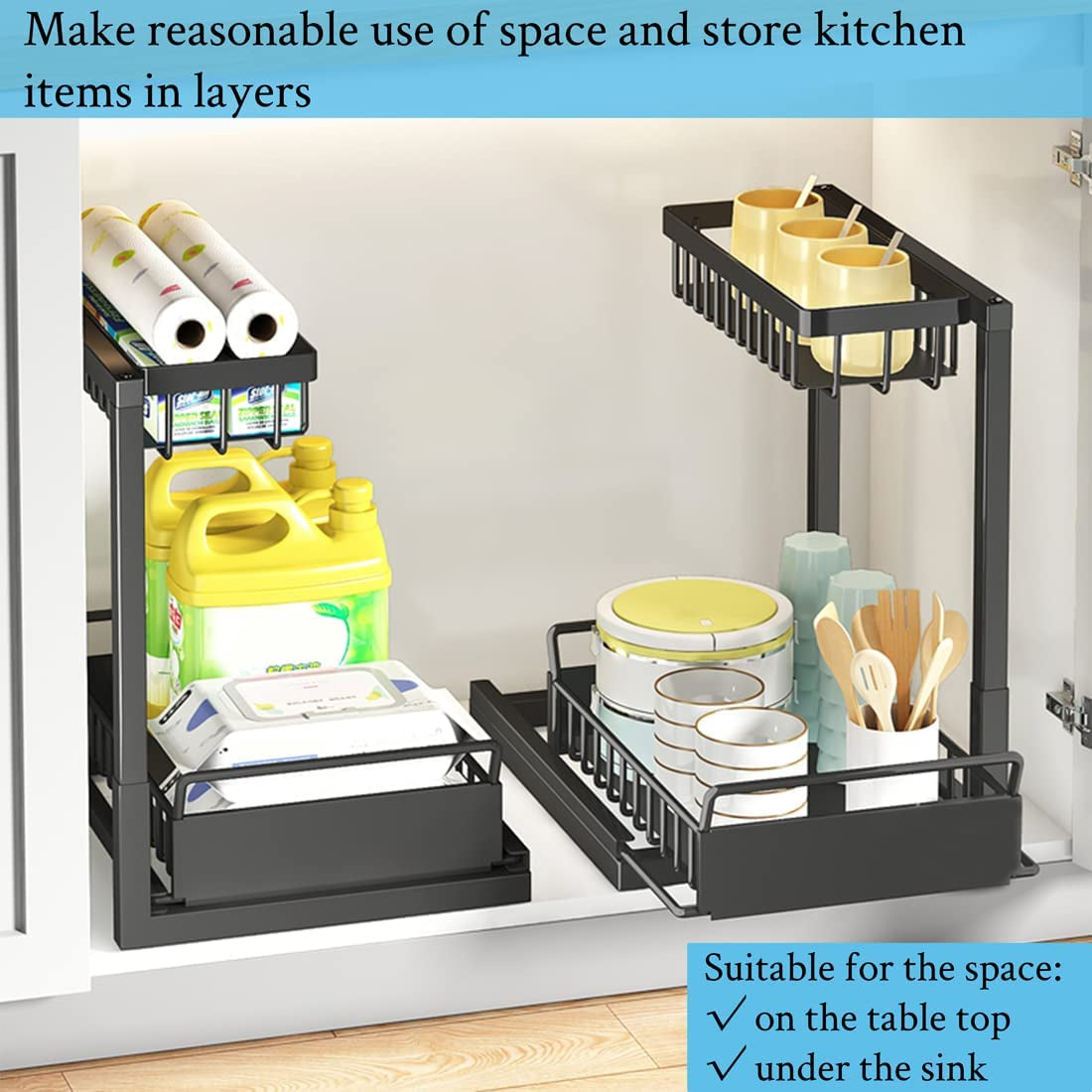 2 Pack under Sink Organiser,2-Tier Pull-Out under Cabinet Storage，Multi-Use for Kitchen Bathroom Organizers and Storage