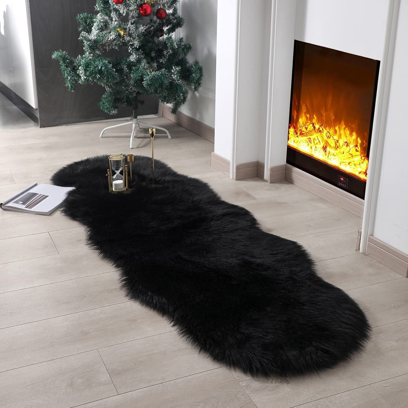 Soft Fluffy Rug Faux Sheepskin Fur Area Rug Shaggy Couch Cover Seat Cushion Furry Carpet beside Rugs for Bedroom Floor Sofa Living Room Runner, 60X180Cm (Black)