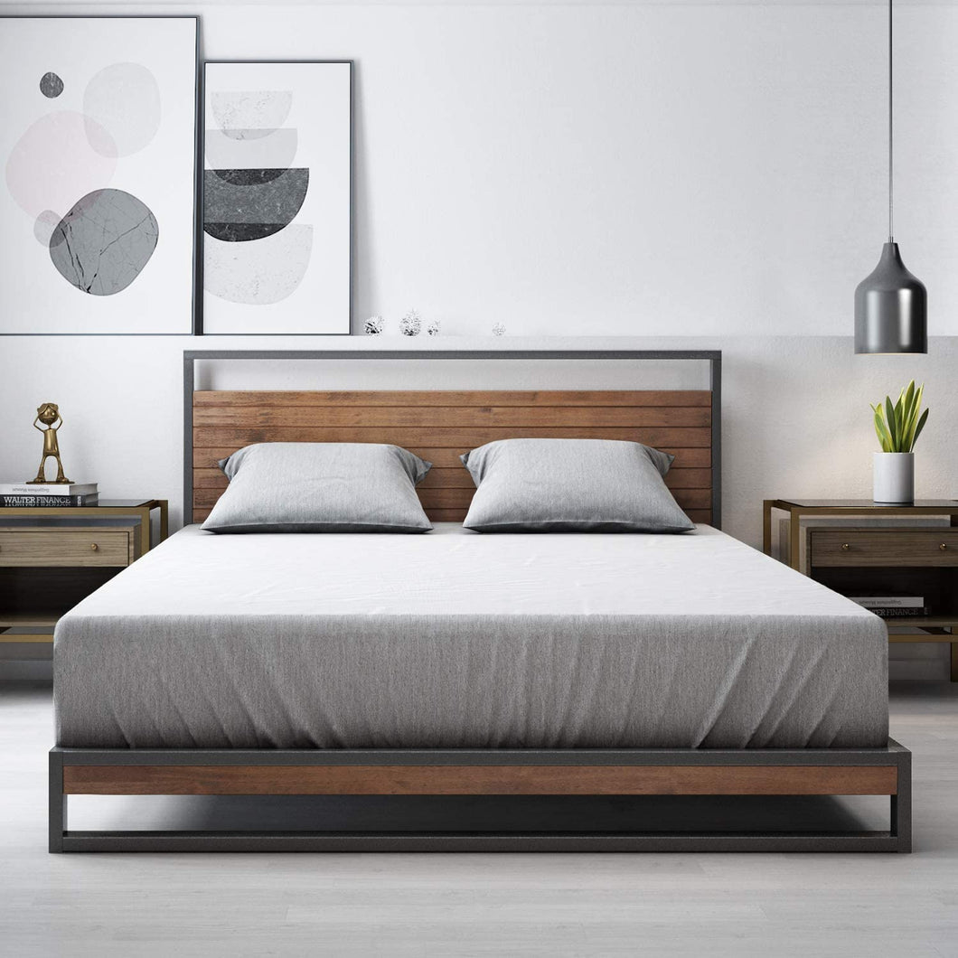 Ironline Industrial Queen Bed Frame Base, Metal Pine Heavy Solid Wood Suzanne Mattress Platform Base Support, Bedroom Furniture, 5 Yr Warranty, Easy Assembly