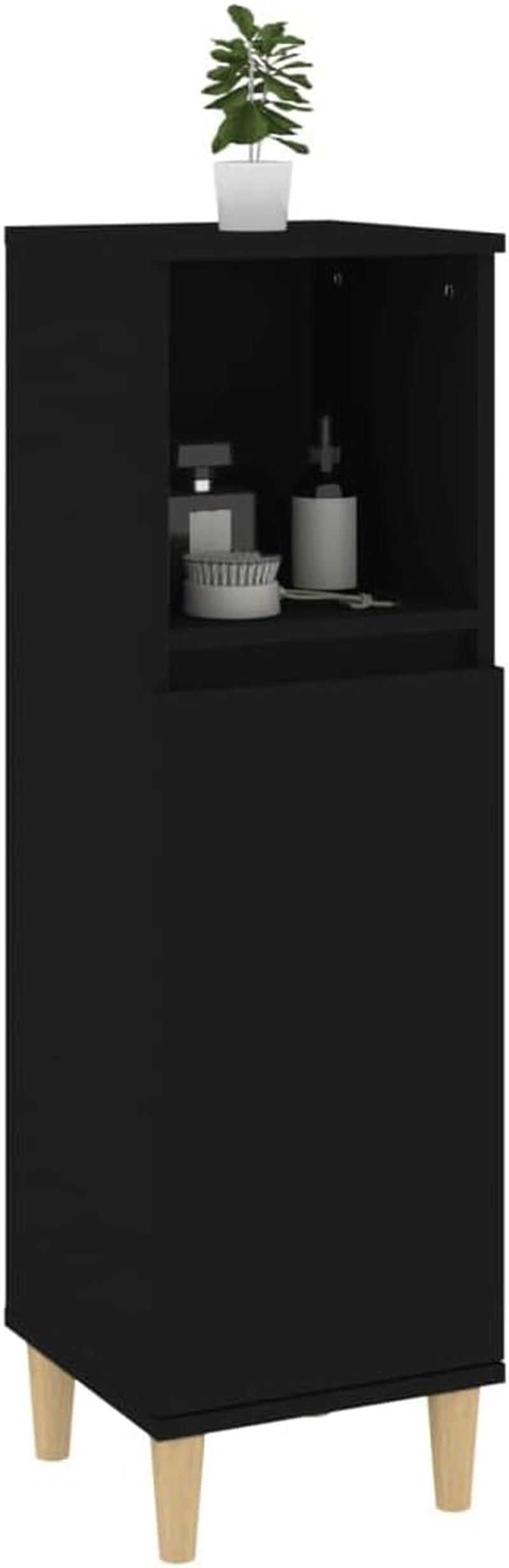 Bathroom Cabinet, Freestanding Storage Cabinet with Wood Legs, Toilet Cupboard with Shelves, Scandinavian, Black Engineered Wood
