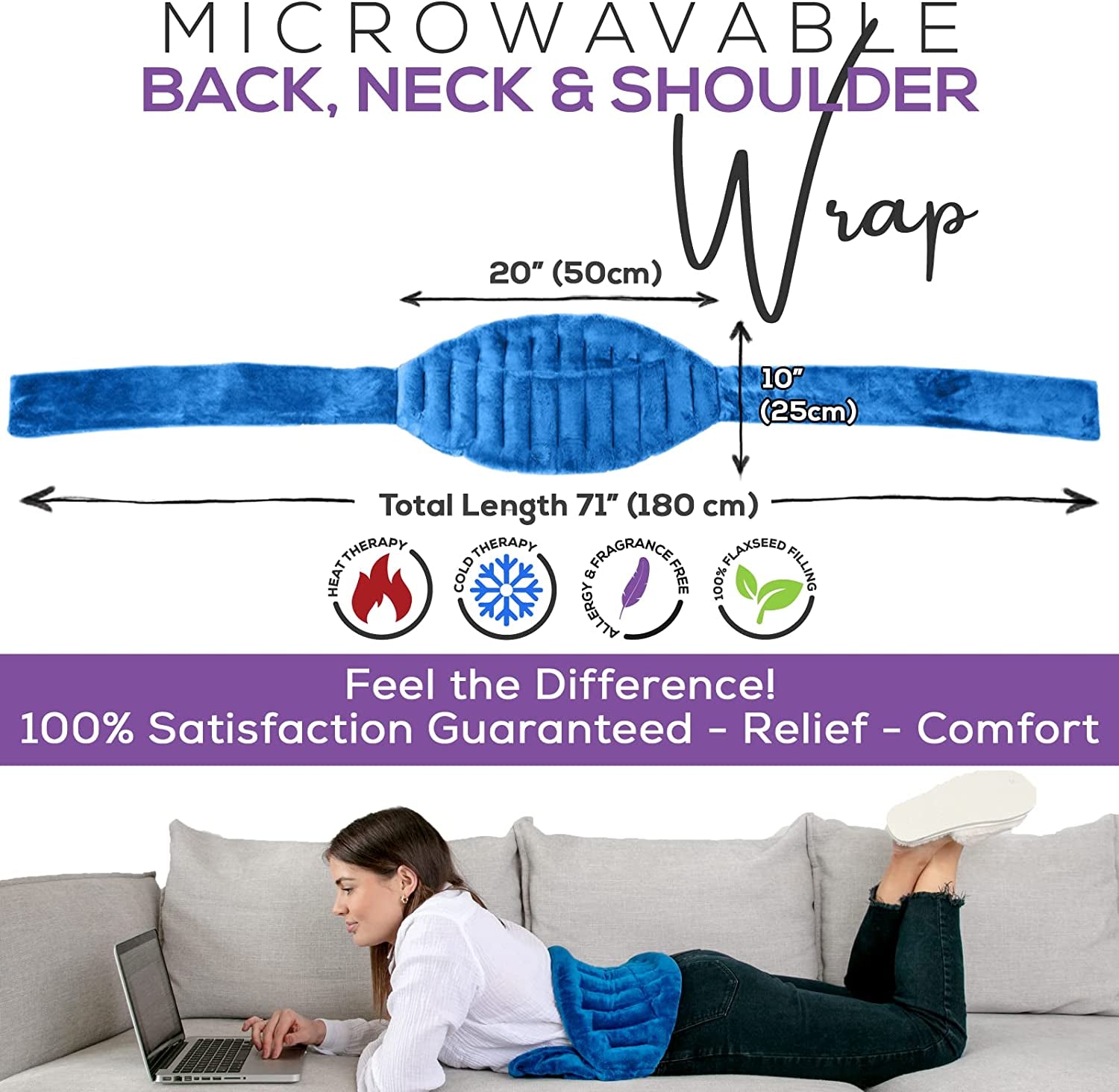 XL Microwave Heat Pack for Neck & Shoulders with a 25X50Cm Heating Area. Longer Ties to Secure In-Place. Flaxseed Wheat Bag for Cramps, Lower Back Pain Relief. Hot/Cold Reusable Heating Pad Blue