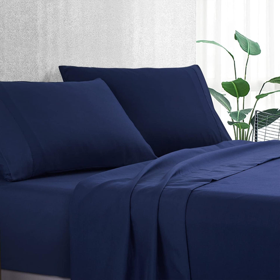 Navy Blue Sheet Set Queen Size 1000TC Premium Soft Microfibre Solid Plain Color - 3PCS Fully Fitted 40Cm Deep Pocket Bed Sheet Set (Navy Blue, Queen)