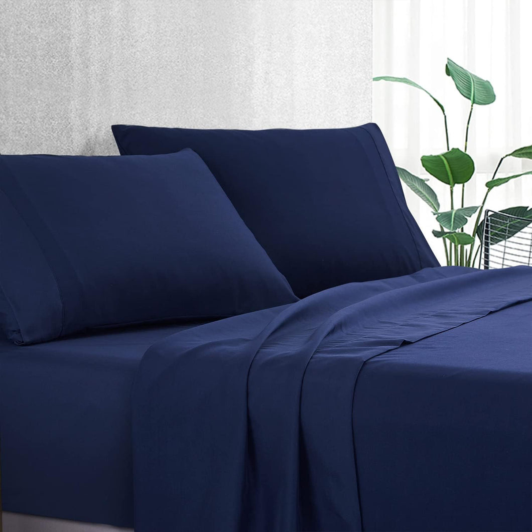 Navy Blue Sheet Set Queen Size 1000TC Premium Soft Microfibre Solid Plain Color - 3PCS Fully Fitted 40Cm Deep Pocket Bed Sheet Set (Navy Blue, Queen)