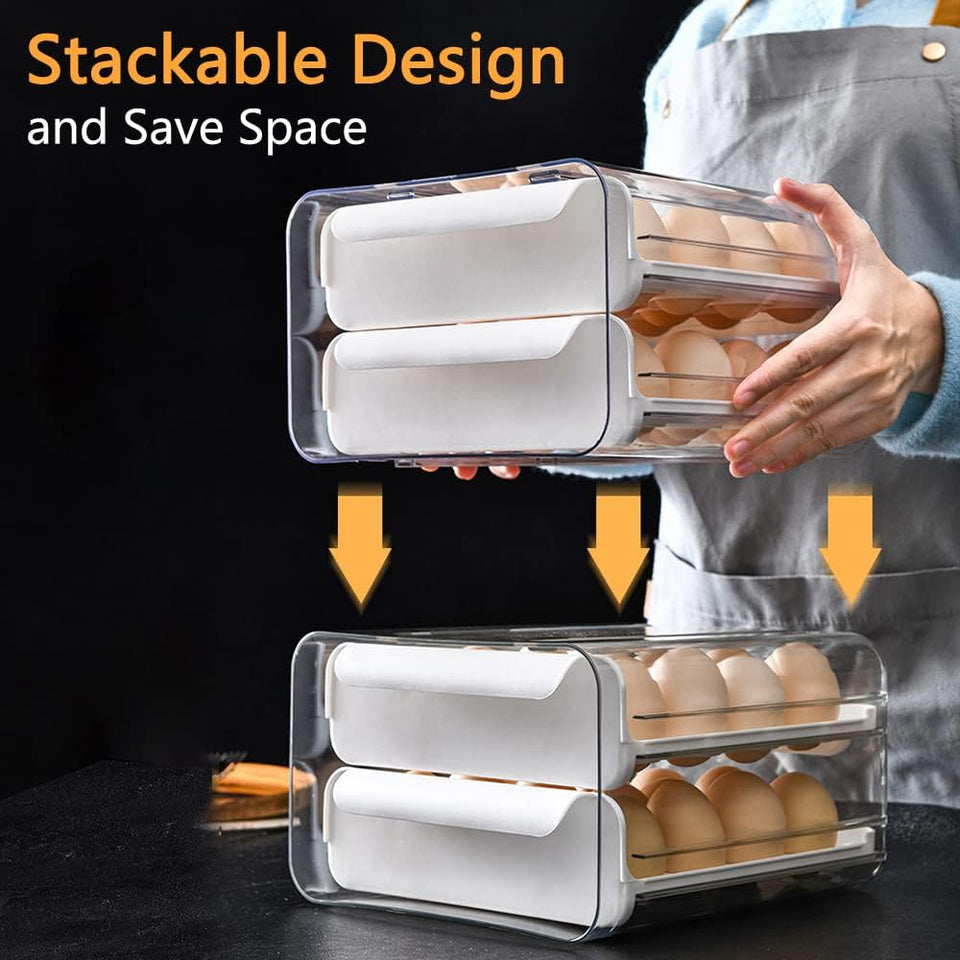 Egg Holder for Refrigerator, Double-Layer 32 Grid Egg Holder, Fridge Egg Drawer Organiser, Refrigerator Storage Egg Tray, Stackable Egg Container Drawer, Clear Plastic Egg Organizer