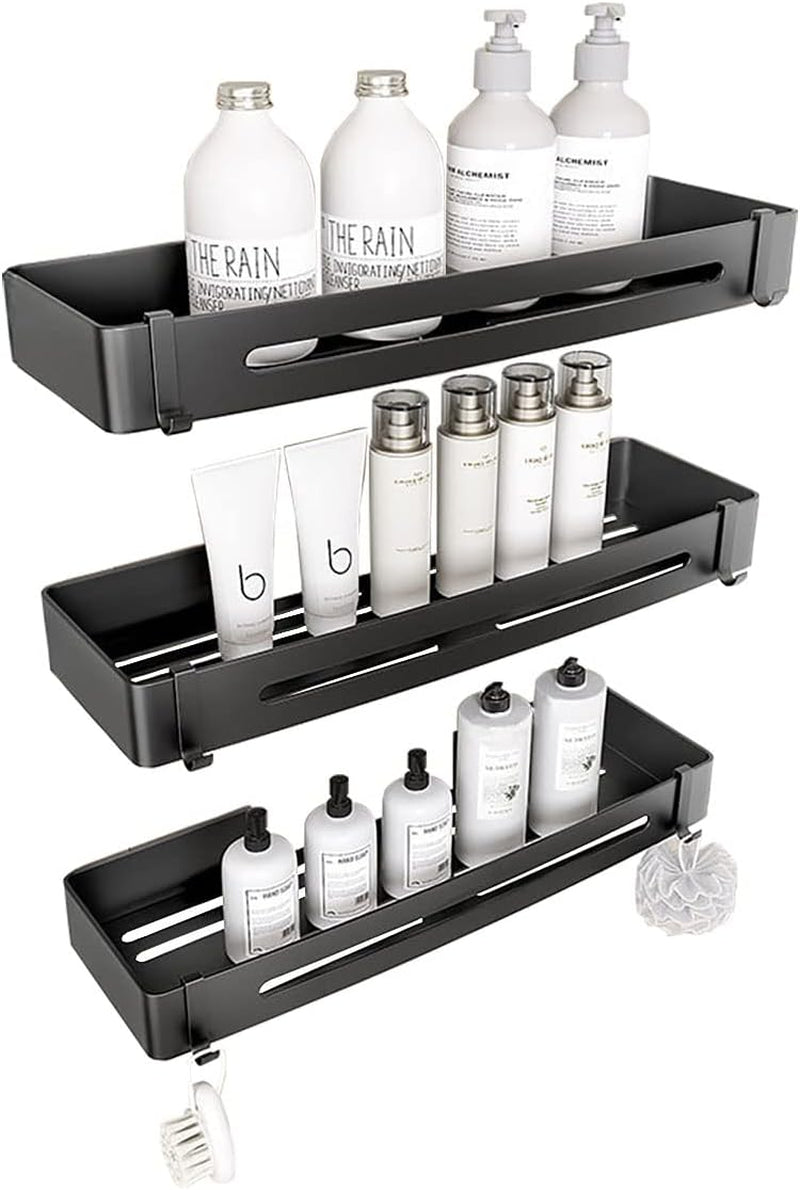 【3 Pack】Shower Caddy Shelf, Shower Interior Organisation and Storage Decoration, Shower Storage Self-Adhesive Shower Shelf, 6 Hooks, No Drilling, Space Aluminium Black