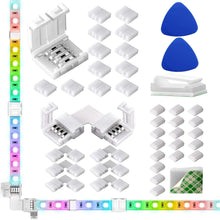 Load image into Gallery viewer, LED Light Strip Connectors, 10Mm Unwired 4 Pin RGB LED Lights Connectors Kit, 12 Gapless Connectors, 6 L Shape Connectors for SMD 5050 Multicolor LED Strip 12V-24V with 20 Wire Clips, Open Tool
