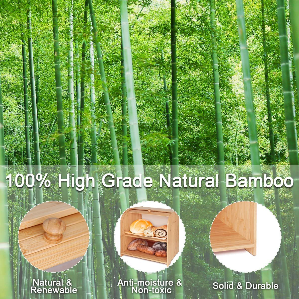 Bamboo Bread Box for Kitchen Counter, Double Layer Roll Top Bread Keeper Food Storage Container with Adjustable Shelf