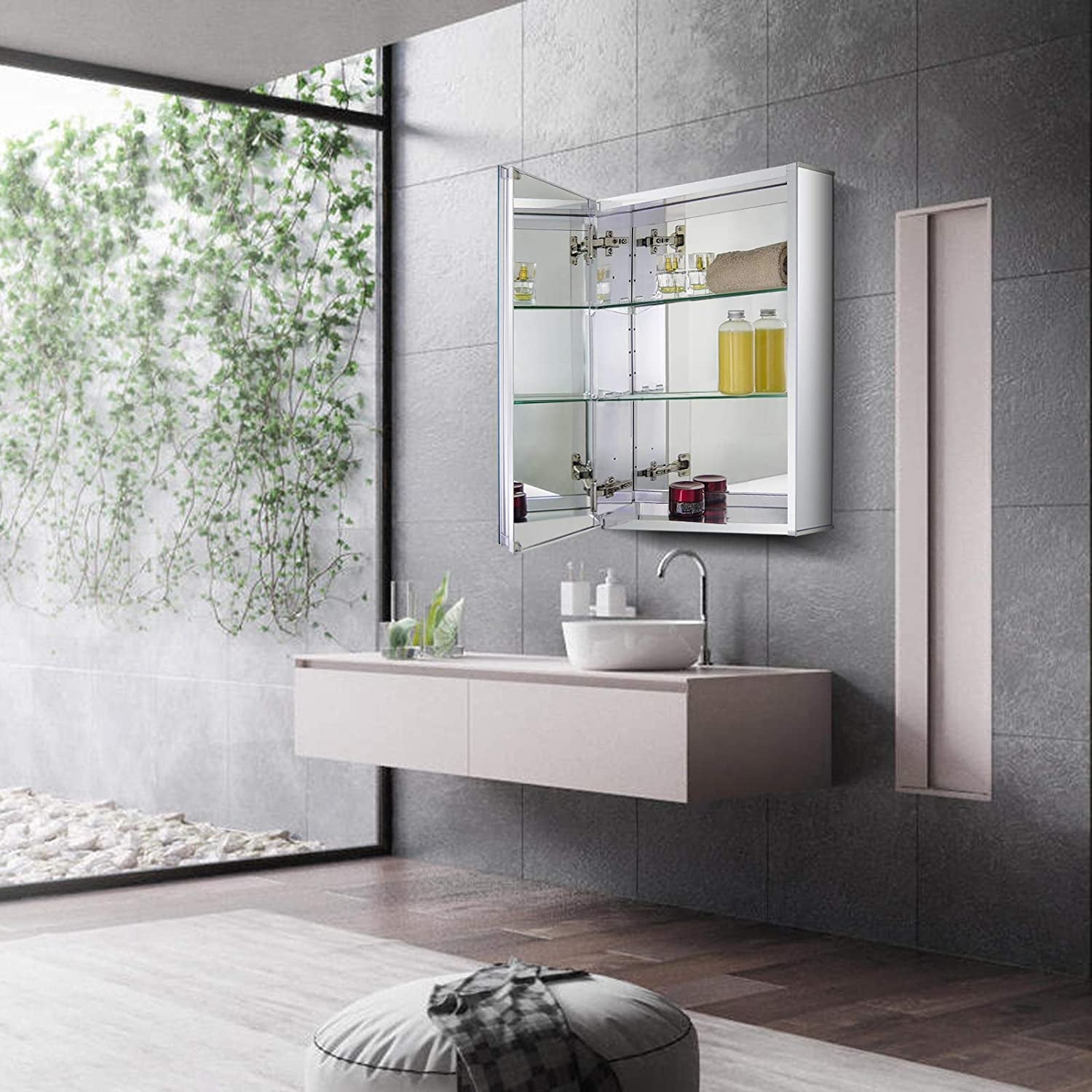 Aluminum Bathroom Medicine Cabinet with Framless Double Sided Mirror Door15 Inch X 24 Inch Recess or Surface Mount, Silver