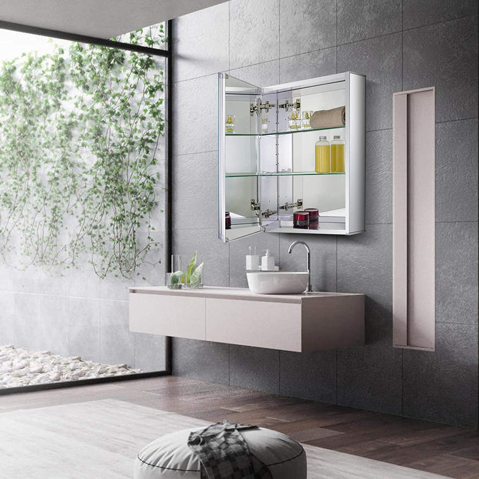 Aluminum Bathroom Medicine Cabinet with Framless Double Sided Mirror Door15 Inch X 24 Inch Recess or Surface Mount, Silver