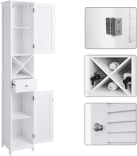 Load image into Gallery viewer, BBC69WT Bathroom Cabinet Tall Cabinet with 2 Slat Doors Storage Cabinet with Drawer Removable X-Shaped Shelf 32 X 30 X 170 Cm Scandinavian Style White
