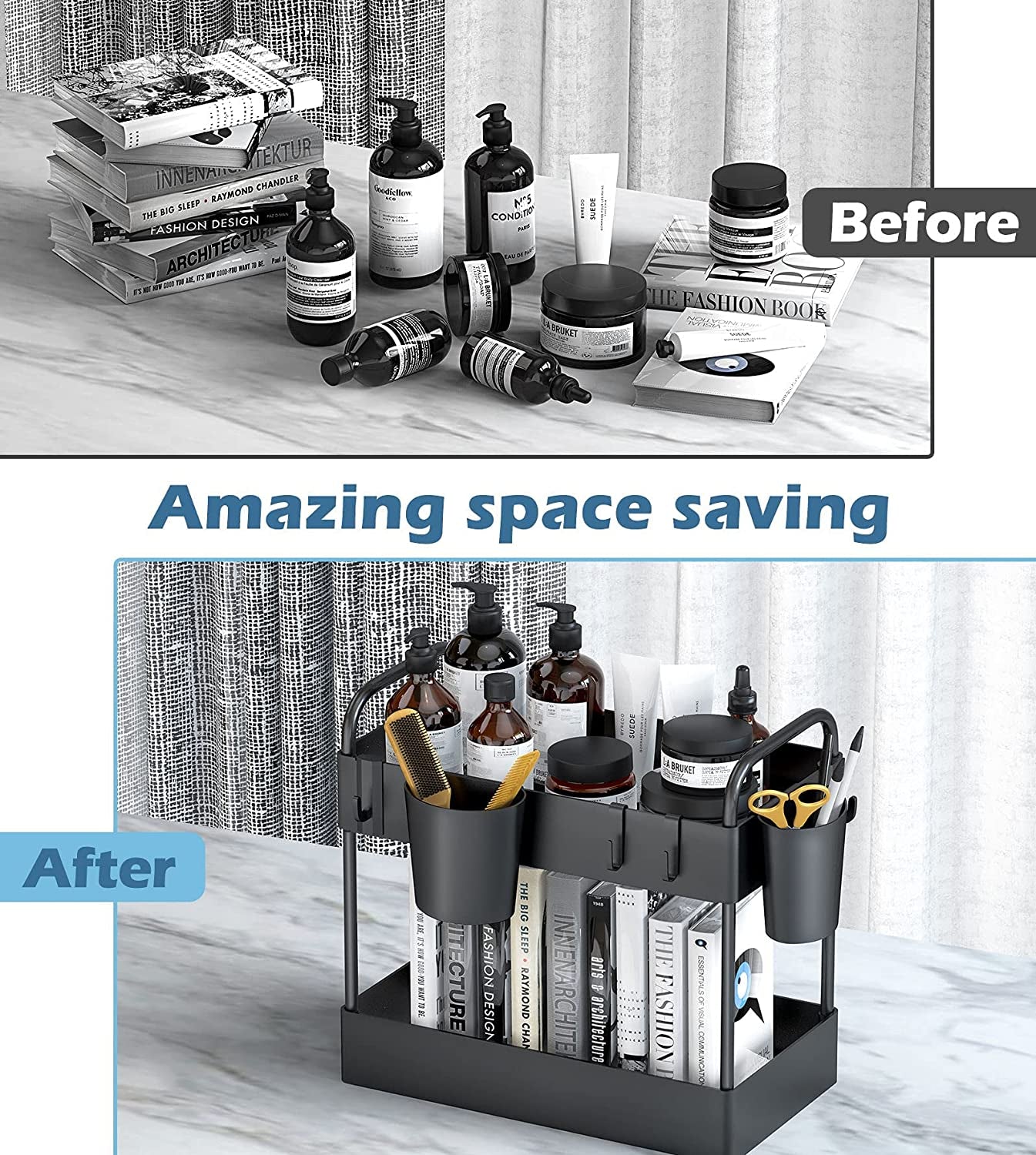 under Sink Organizer, 2 Tier Kitchen under Sink Storage Rack Bathroom Countertop Shelf Organiser with 4 Hooks 2 Hanging Cups and Anti-Foot for Bathroom Kitchen Spice Makeup Vanity Narrow Space