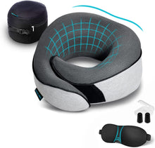 Load image into Gallery viewer, Travel Pillow 100% Pure Memory Foam Neck Pillow, Pillows for Sleeping, Car and Airplane Travel Essentials, Travel Kit with 3D Contoured Eye Masks, Earplugs and Luxury Mesh Bag (Grey)
