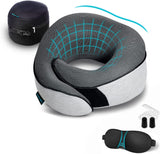 Travel Pillow 100% Pure Memory Foam Neck Pillow, Pillows for Sleeping, Car and Airplane Travel Essentials, Travel Kit with 3D Contoured Eye Masks, Earplugs and Luxury Mesh Bag (Grey)