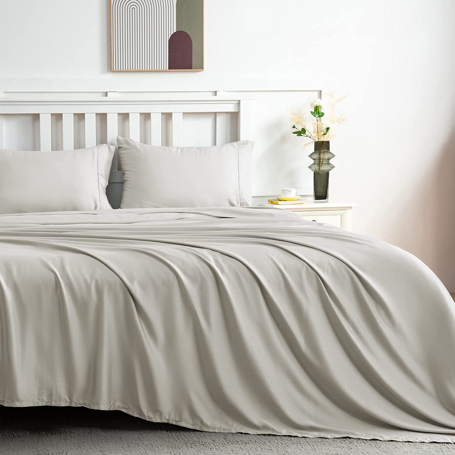 Bamboo Sheets Set King Size,100% Cooling Bamboo Sheet Set for Hot Sleepers, Moisture Wicking Bed Sheets with 40Cm Deep Pocket, Silky Soft Bedding Sheets (King, Latte)