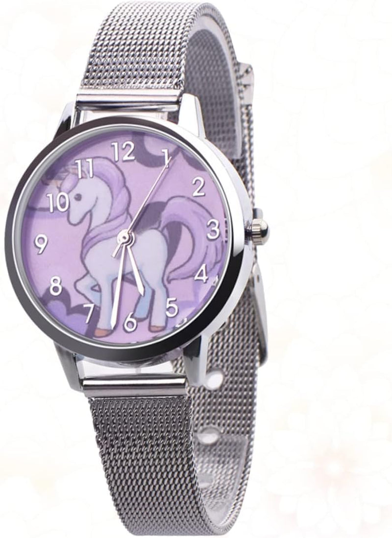 2Pcs Fashion Leather Gift Birthday Pink for Bands Kids with Device Time Unicorn Pattern Wrist Cartoon Watch Children