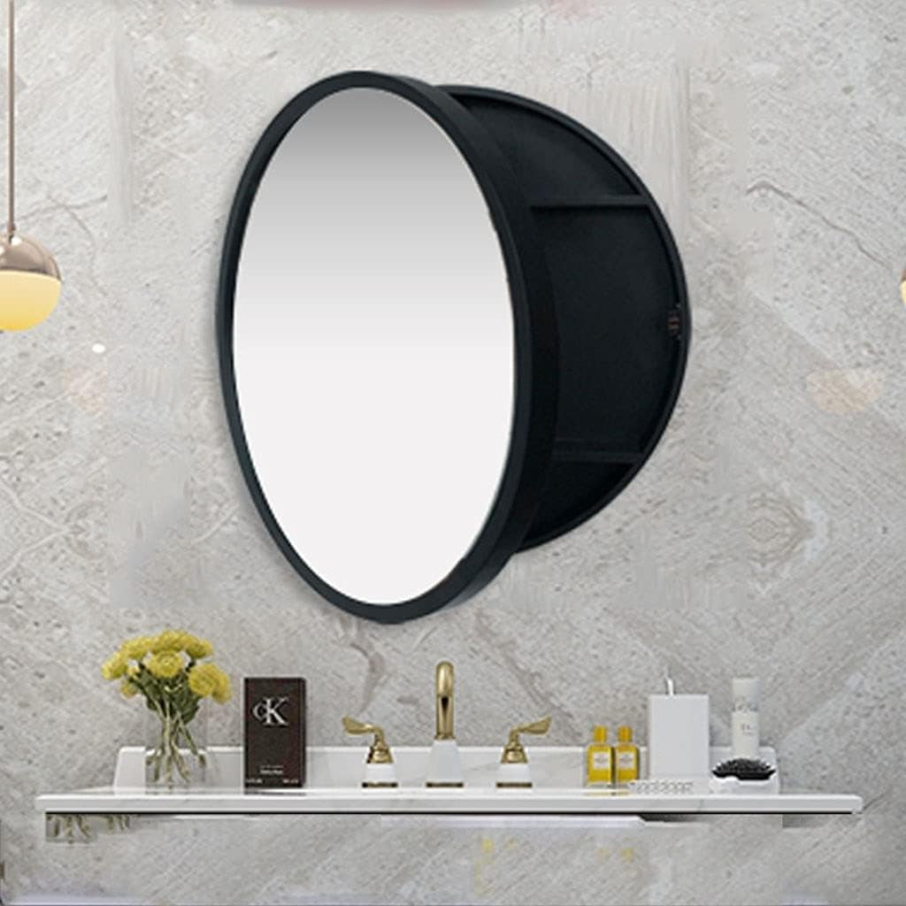 Bathroom round  Wall-Mounted Wooden  Bedroom Wall-Mounted Makeup Mirror with Storage Box round Vanity Mirror with Storage Rack