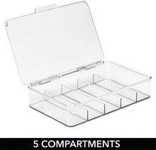 Load image into Gallery viewer, Rectangular Plastic Stackable Storage Box with Hinged Lid for Organizing First Aid, Medicine, Ointments, Dental, Diabetic Supplies - 5 Divided Compartments, Pack of 2 - Clear
