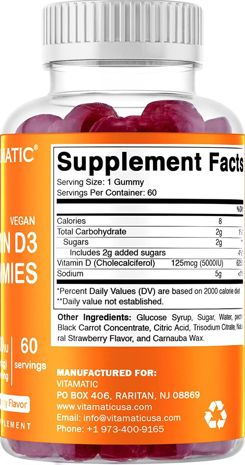 Vitamin D3 Gummies - 5000 IU - 60 Vegan Gummies - Great Taste - Healthy Bones, Teeth, Mood, Joint & Immune System Function