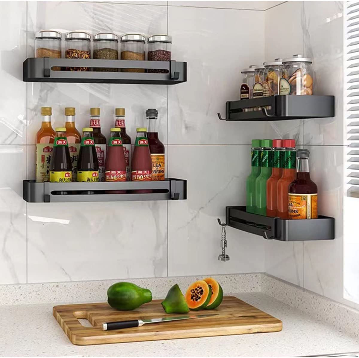 【3 Pack】Shower Caddy Shelf, Shower Interior Organisation and Storage Decoration, Shower Storage Self-Adhesive Shower Shelf, 6 Hooks, No Drilling, Space Aluminium Black