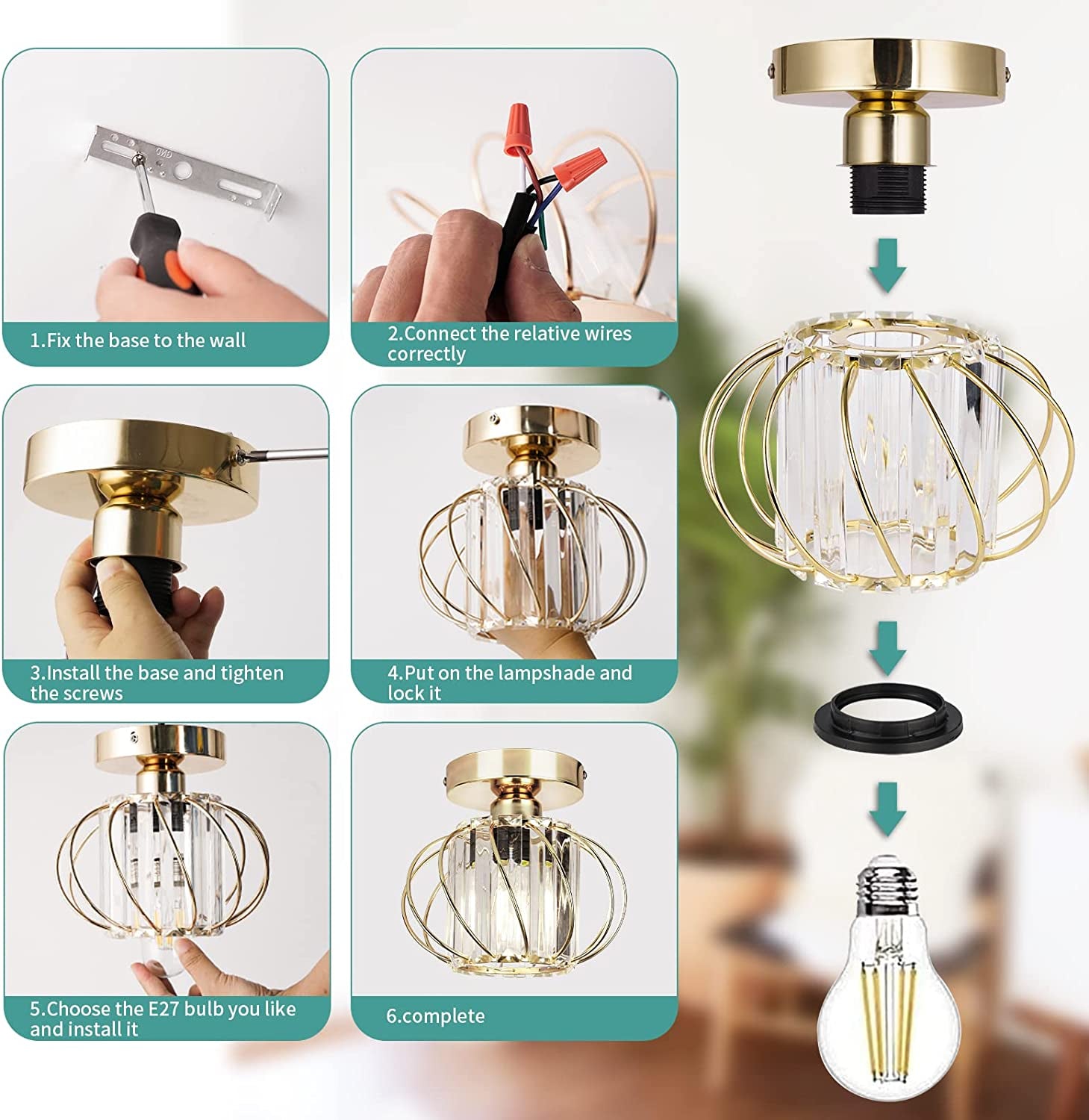Modern Crystal Ceiling Light Fixture- Industrial Mini Semi Flush Mount Ceiling Lighting LED Crystal Chandeliers Fitting for Kitchen Hallway Dining Rooms Living Room - Gold