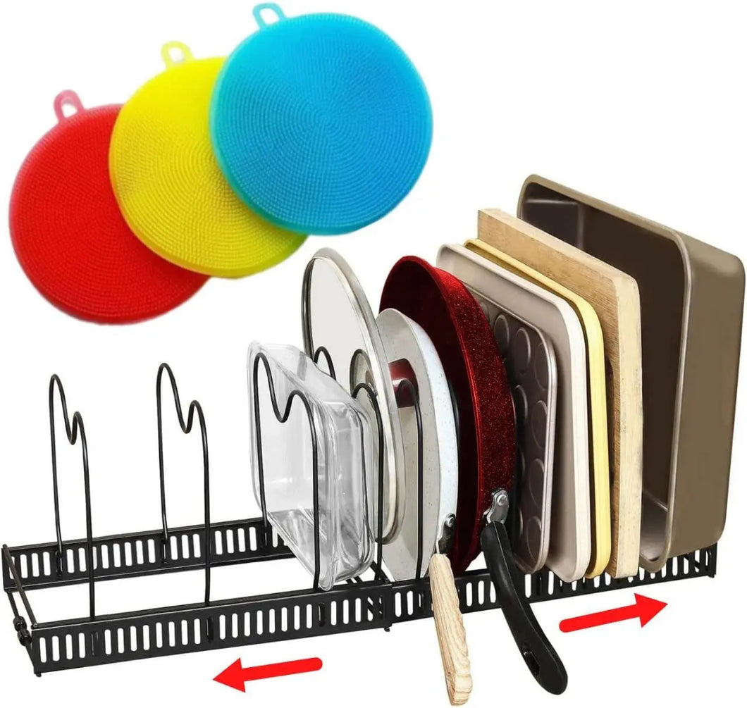 SAL STORE Expandable Pan Organizer Rack with 3 Free Reusable Silicon Sponges - Pots and Pans Organizer for Kitchen - 10 Adjustable Compartment - Durable Steel & Space Saving for Kitchen