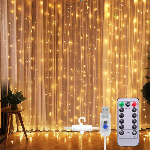 Curtian String Lights,  300 LED Window Curtain String Light with Remote Control Timer for Christmas Wedding Party Home Garden Bedroom Outdoor Indoor Decoration (Warm White)
