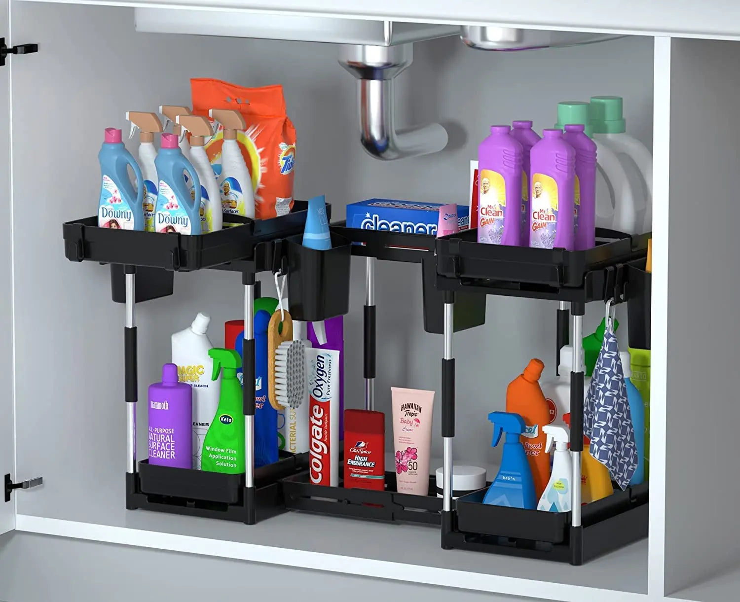 Double Sliding under Sink Organizers and Storage - 2 Tier Pull Out under Kitchen Cabinet Organizer W 4 Hanging Cup,8 Hooks,4 Dividers, under Counter Sink Organization for Bathroom, Adjustable H and W