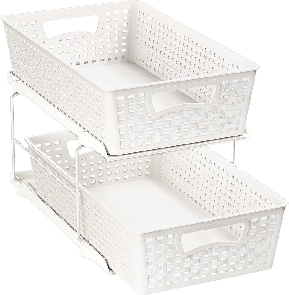 Simplehouseware 2 Tier Bathroom Organizer Tray Pull-Out Sliding Drawer/Under-Sink Storage, White