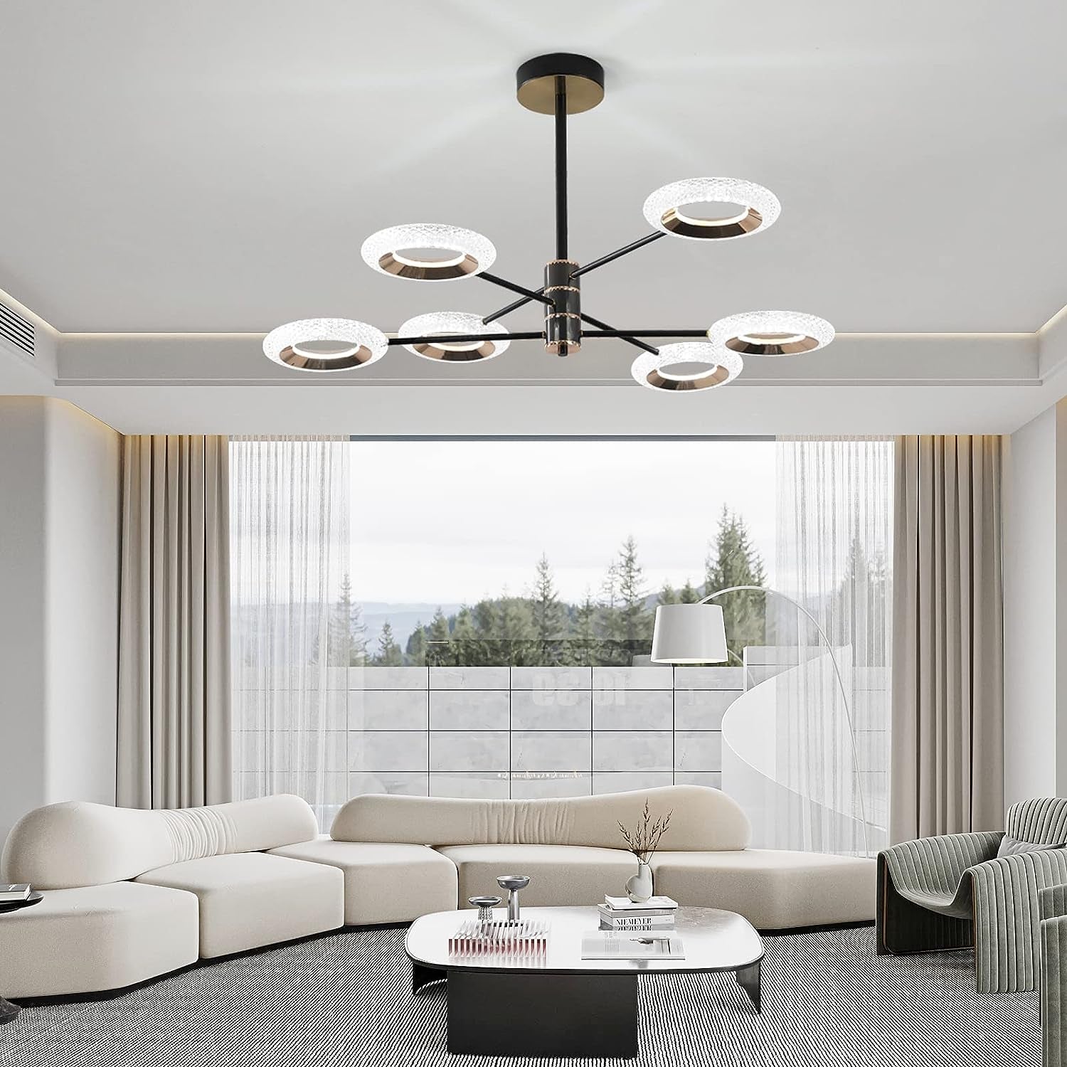 6 Lights Sputnik Chandelier Dimmable LED Chandeliers Modern Semi Flush Mount Ceiling Lights Fixture Adjustable Sputnik Pendant Light for Bedroom Living Room Kitchen Dining Room