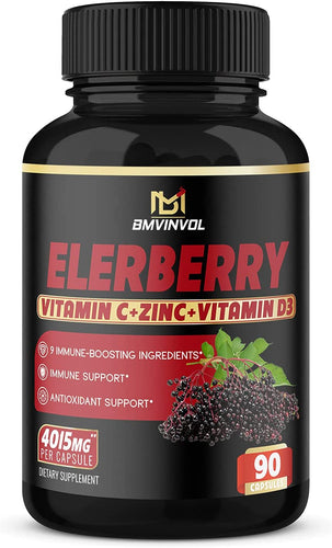 Elderberry Extract Capsules - 4015Mg Herbal Equivalent - 9 in 1 Herbal Supplement for Antioxidant & Immune Support - Enhanced with Vitamin C, Vitamin D3, Ginger Root - 3 Month Supply
