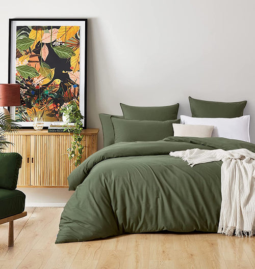 100% (3Pcs) Cotton Vintage Washed Bed Quilt Cover Set - Ultra Soft, Comfy, Luxurious Duvet Cover with Zipper Closure - Elegant Quilt Cover Set for Bedding - Khaki Green - King Size
