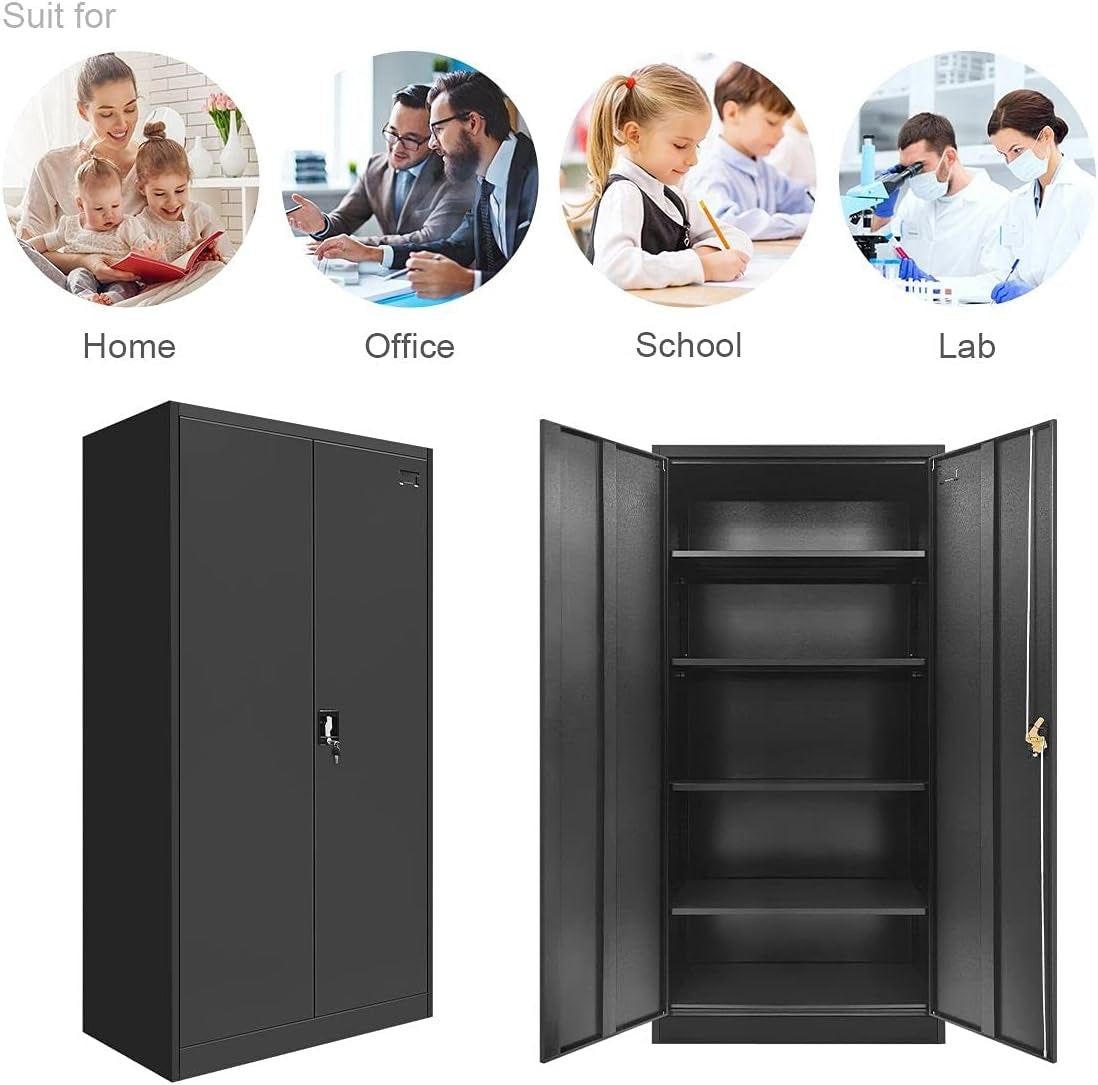 Locker Cabinet Steel Filing Cabinet 185Cm Lockable File Storage Cupboard 2 Door 4 Shelves Office Home Stationary Black