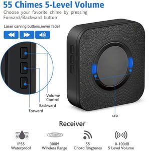 Wireless Door Bell Chime Waterproof Doorbell Plugin Receiver 300M Long Range Remote Door Bell Ringer Wireless Portable Doorbell with 1 Waterproof Transmitter and 2 Plug-In Receivers