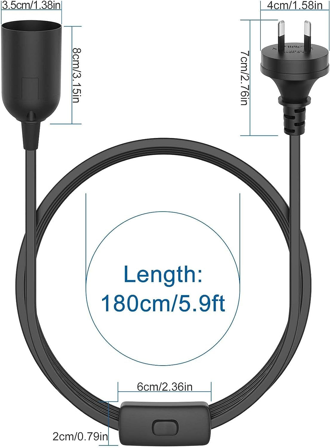 2PCS E27 Cable Cord with Switch, 1.8 Meter E27 Lamp Holder Hanging Cable Cord, Extension Lamp Base Bulb Holder Socket On/Off Switch & AC AU Power Plug for Bedroom Kitchen Plant Growth DIY Hanging, Black