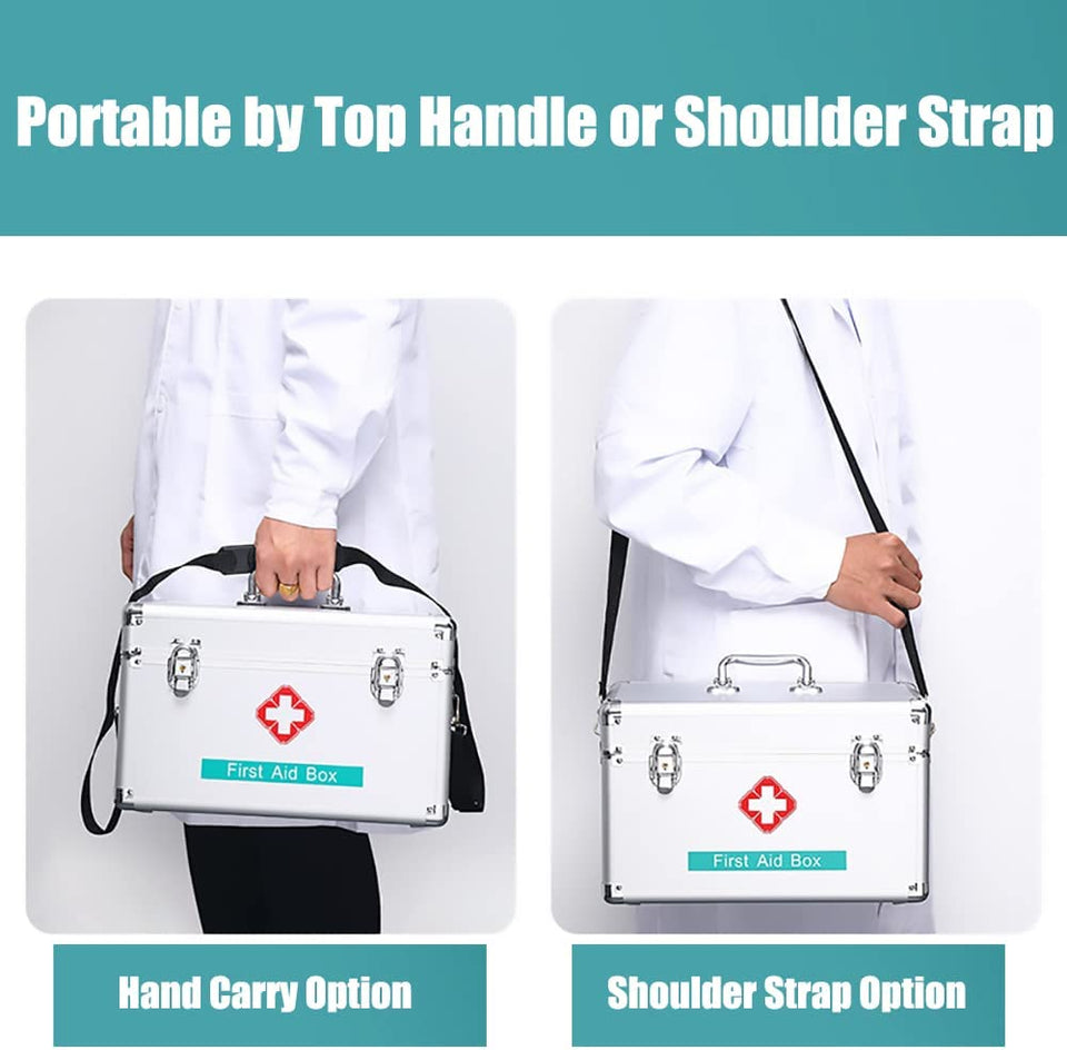 Premium 14 Inches Empty First Aid Box with an Internal 3 Grid Tray and Shoulder Strap, Aluminum Alloy Framed, Portable Home & Work Medicine Box for Medical and Health Industry Workers