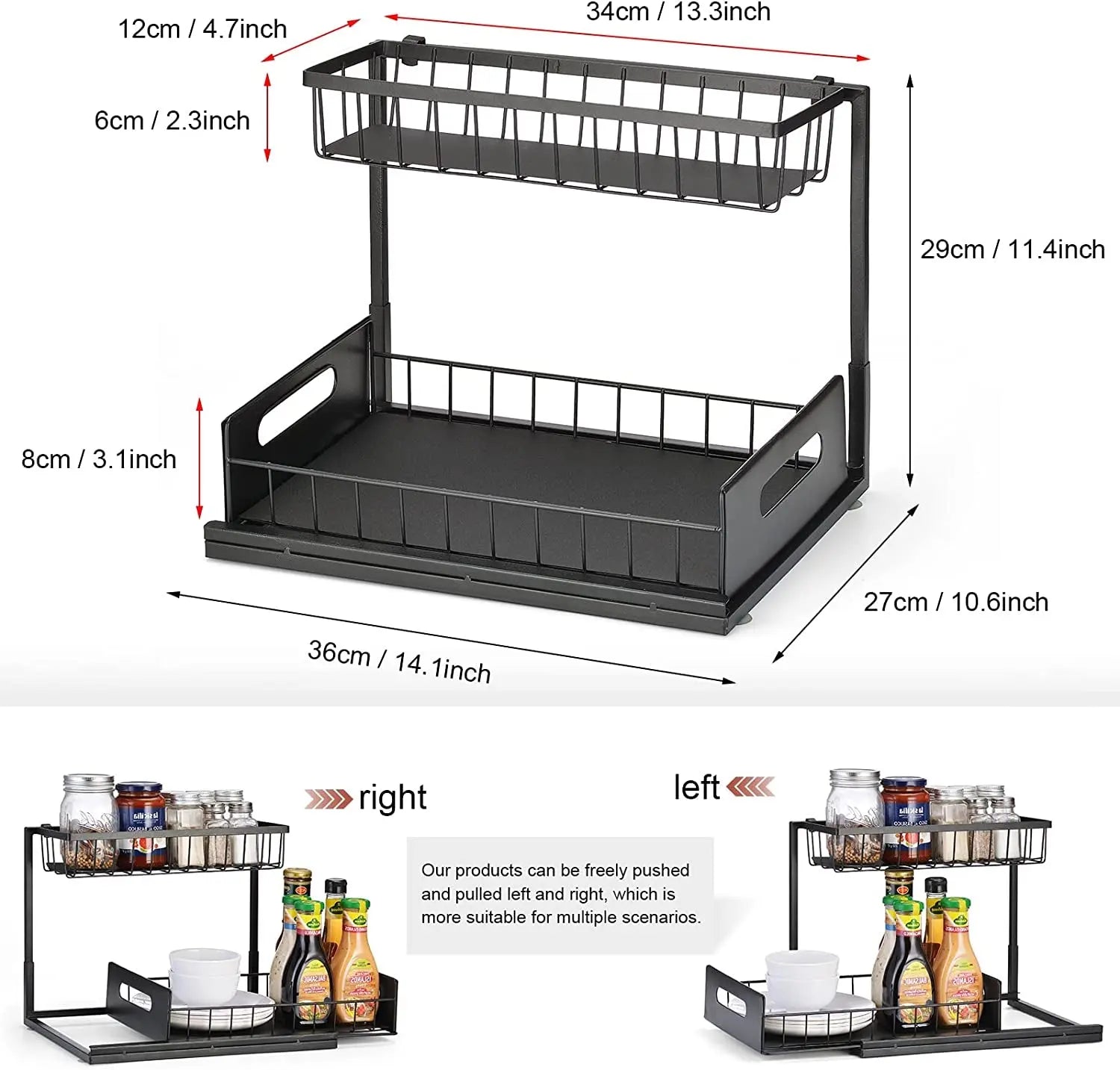 2-Tier under Sink Sliding Storage Drawer,Kitchen Organiser Rack,Pull-Out Sliding Baskets for Cupboard,Bathroom,Cabinet