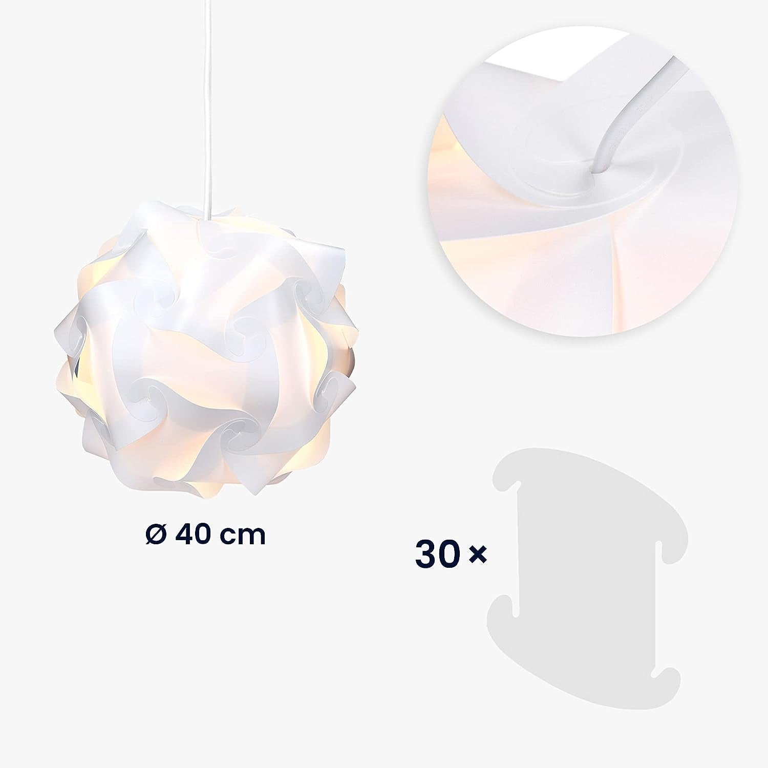 DIY Puzzle Lamp Shade - Modern IQ Jigsaw Light in 30 Pieces Min. 15 Different Designs - Diameter Approx. 15.7 In/40 Cm - White in Size XL