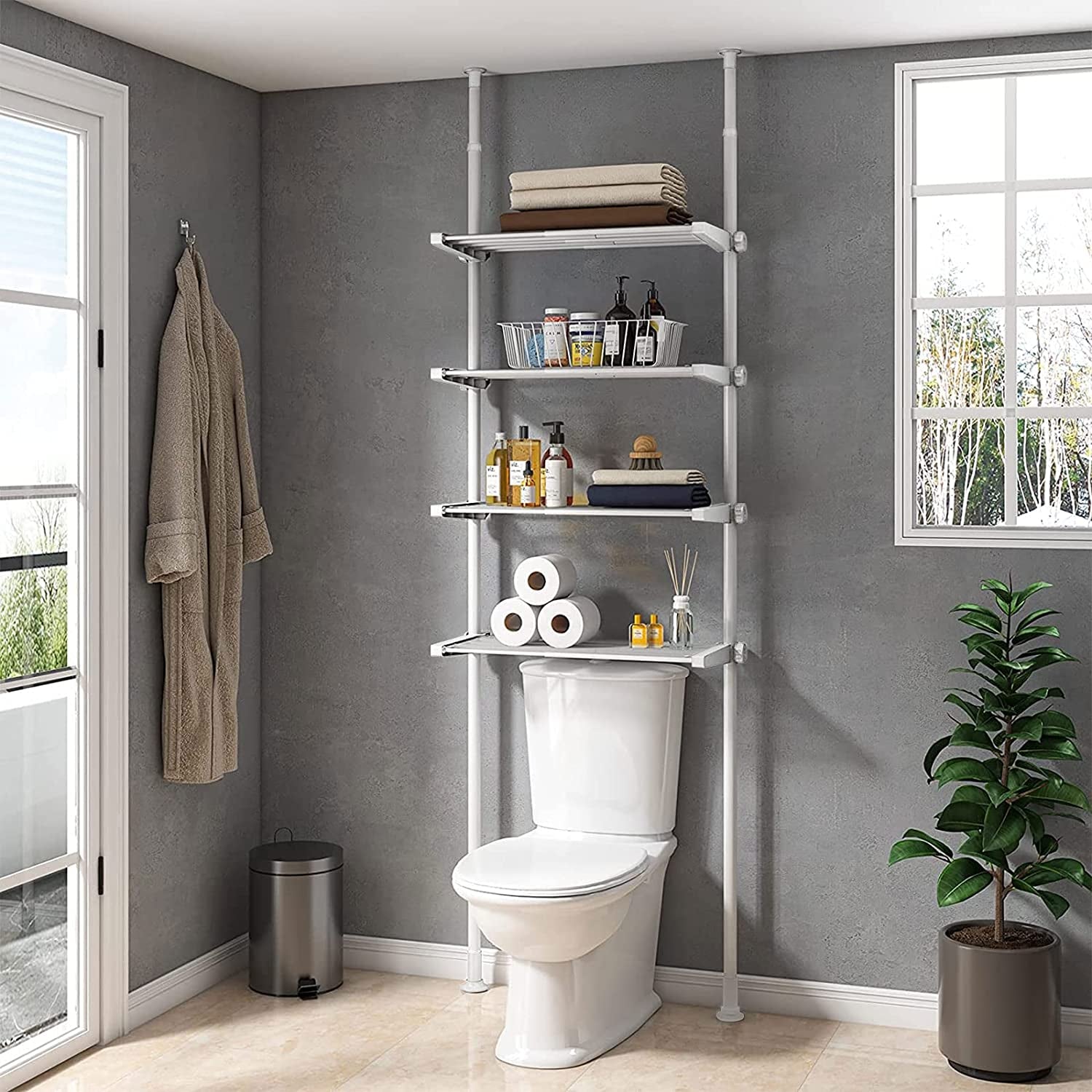 Bathroom Organizer, over the Toilet Storage, 4-Tier Adjustable Shelves for Small Room, Saver Space, 92 to 116 Inch Tall, White